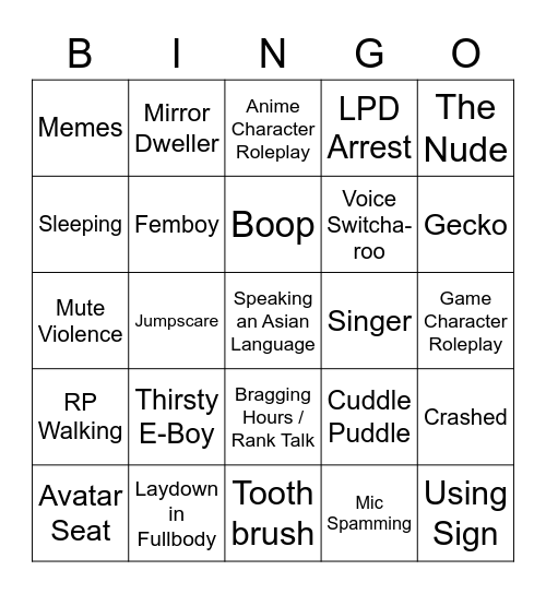 VrChat Bingo Card