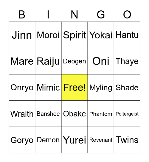 Phasmophobia Ghost Types Bingo Card