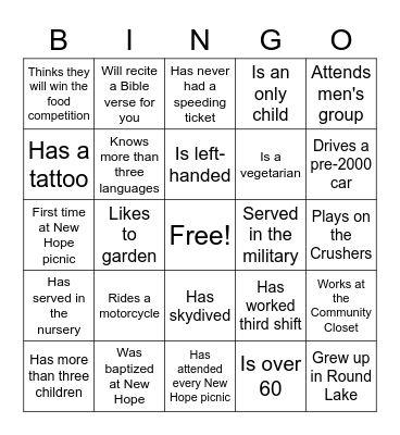 New Hope Bingo Card