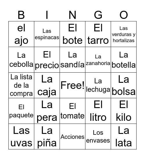 Spanish 2 Chapter 4 Bingo B Bingo Card