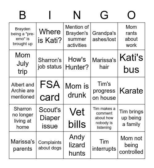 Mom's B-Day Disastavaganza Bingo Card