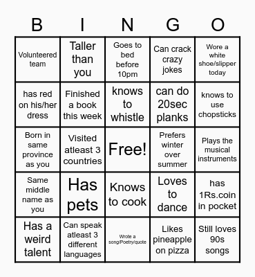 GETTING TO KNOW YOU Bingo Card