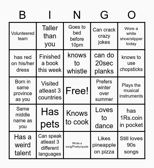 GETTING TO KNOW YOU Bingo Card