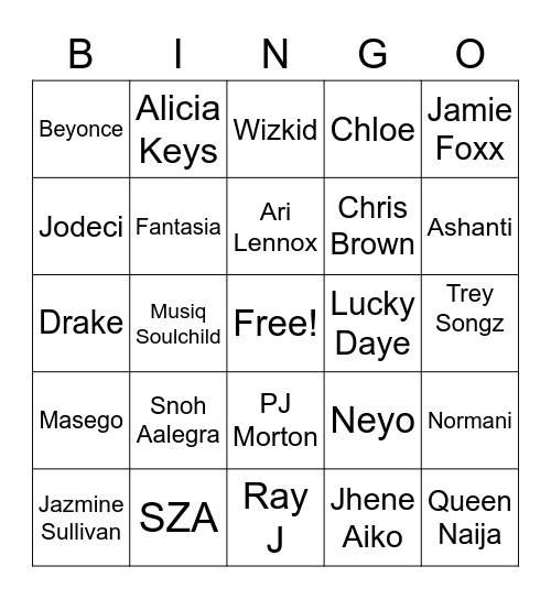 R&B Bingo Card