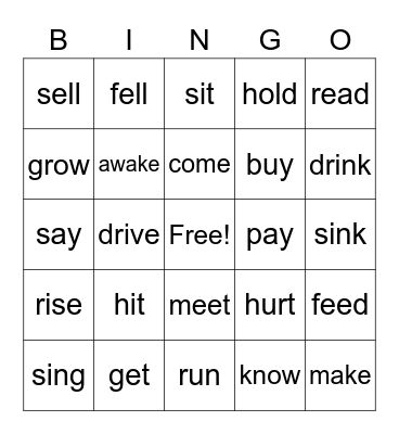 Irregular Verbs Bingo Card