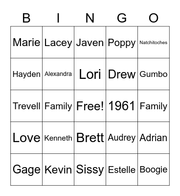 Hicks Family Bingo Card