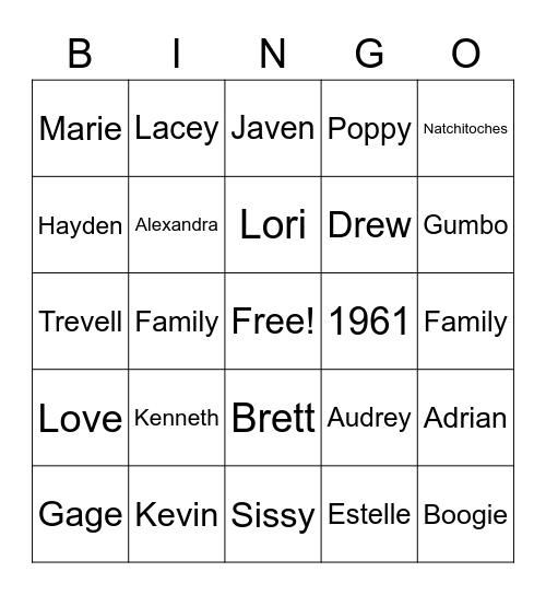 Hicks Family Bingo Card