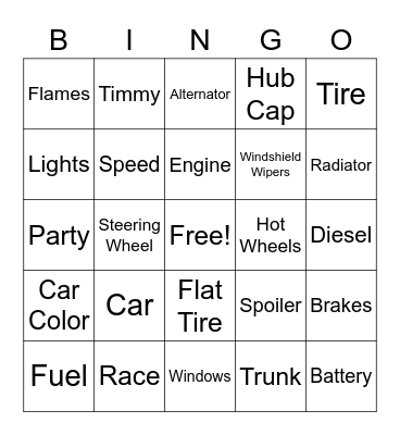 Hot Wheels Bingo Card