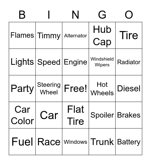 Hot Wheels Bingo Card