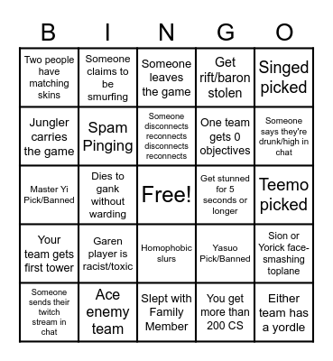 League Bingo Card