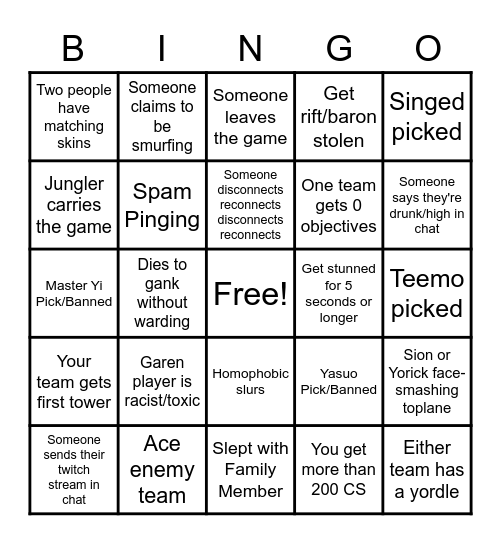 League Bingo Card