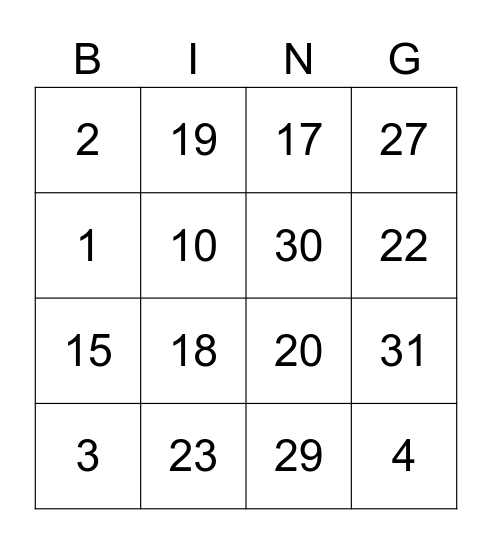 Ordinal Numbers Bingo Card