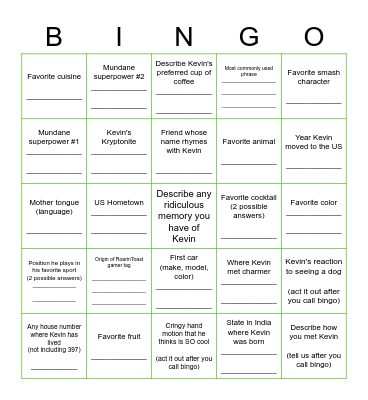 Kevin Bingo Card