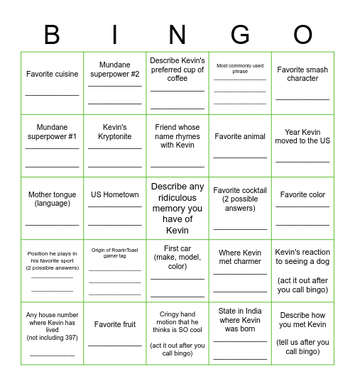 Kevin Bingo Card