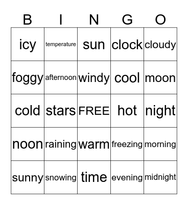 Weather/Times of Day Bingo Card