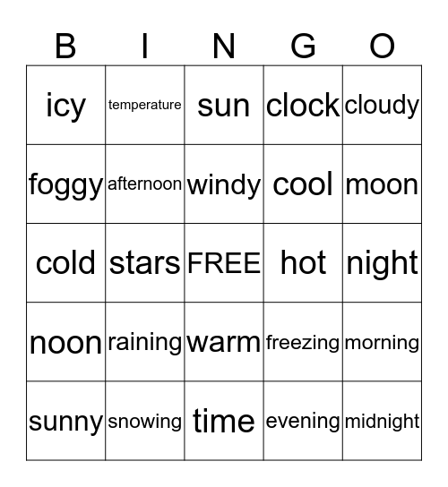 Weather/Times of Day Bingo Card