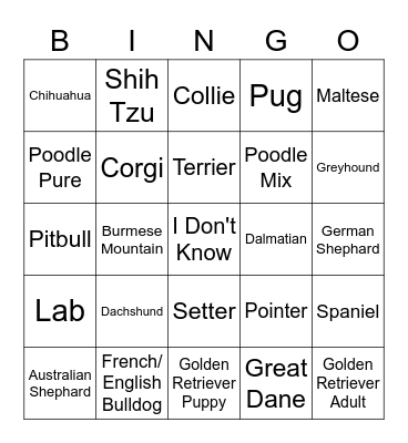 Dog Breed Bingo Card
