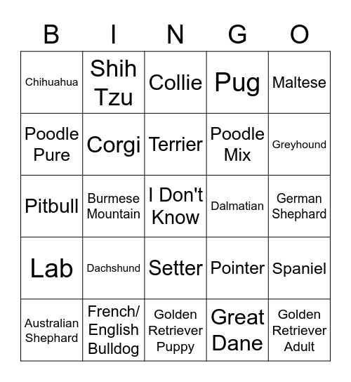 Dog Breed Bingo Card