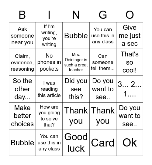 Deininger Bingo Card