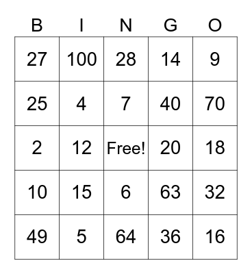Multiplication Bingo 1-10 Bingo Card
