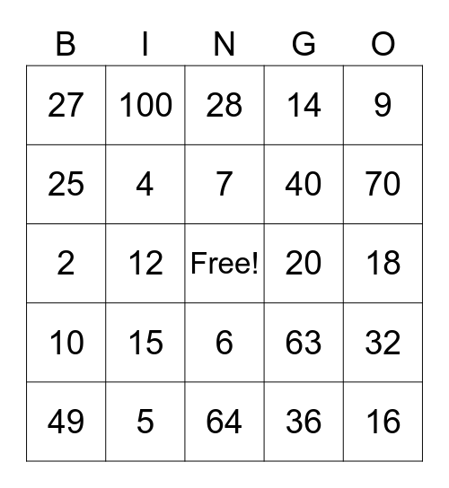 Multiplication Bingo 1-10 Bingo Card
