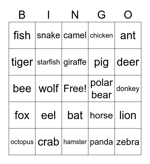 ANIMALS Bingo Card