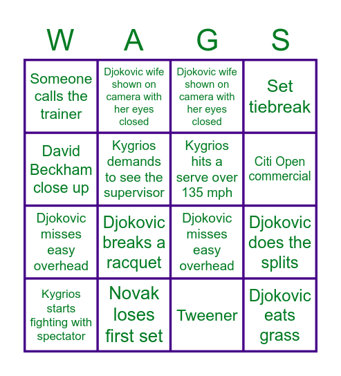 Wimbledon BINGO Card