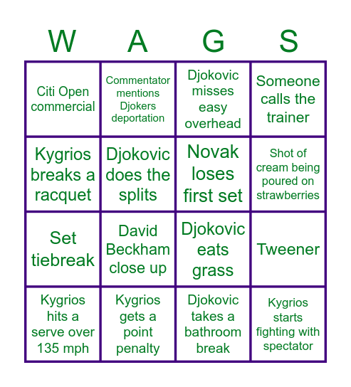 Wimbledon BINGO Card