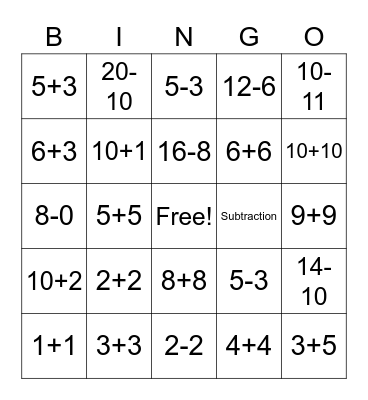 Math: Addition & Subtraction Bingo Card