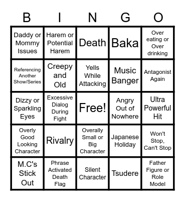 Shounen Anime Bingo Card