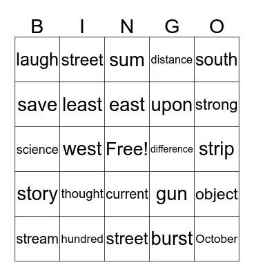 sight word bingo Card