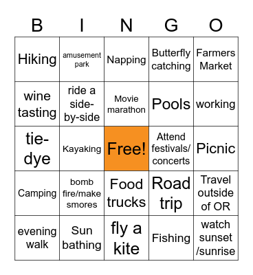 Summer Activities Bingo Card