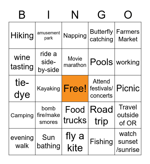 Summer Activities Bingo Card