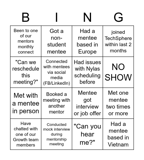 Mentor Monthly Connect- July 2022 - VTS Bingo Card