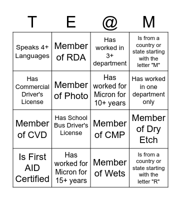 TE@M BINGO Card