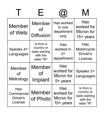 TE@M BINGO Card