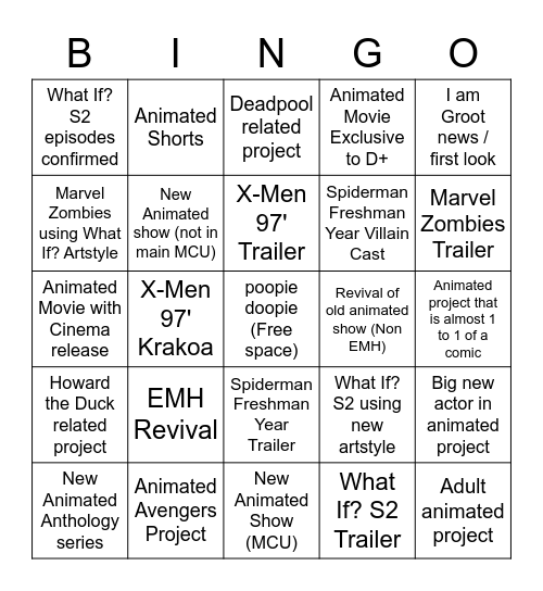 Marvel Animated SDCC panel Bingo Card