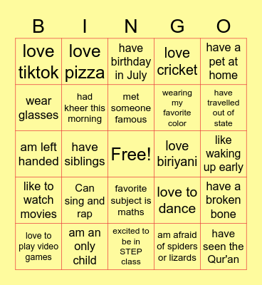 Ice breaker BINGO Card