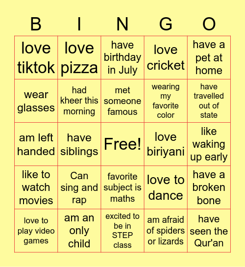 Ice breaker BINGO Card