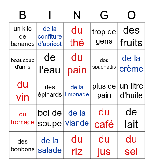 Partitifs(des - du - de l' - de la) Bingo Card