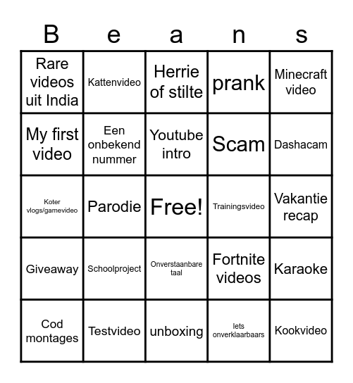 Unlisted video bingo Card