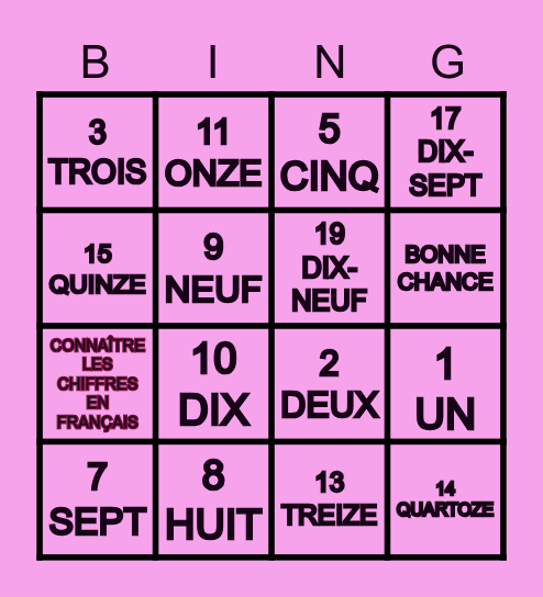 CONNAÎTRE LES CHIFFRES EN FRANÇAIS Bingo Card