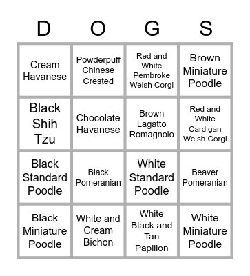 Breed Colors Bingo Card