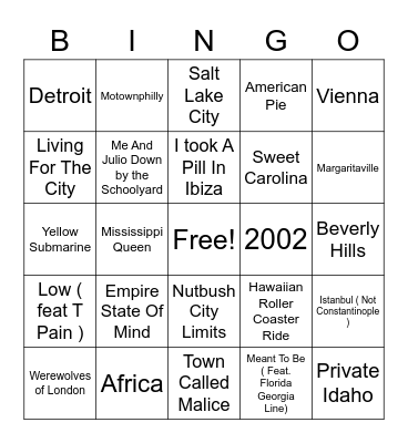 Going Places Bingo Card