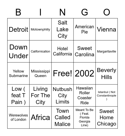 Going Places Bingo Card