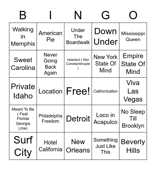 Going Places Bingo Card