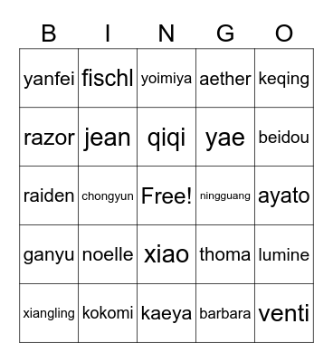 genshin no anime friends Bingo Card