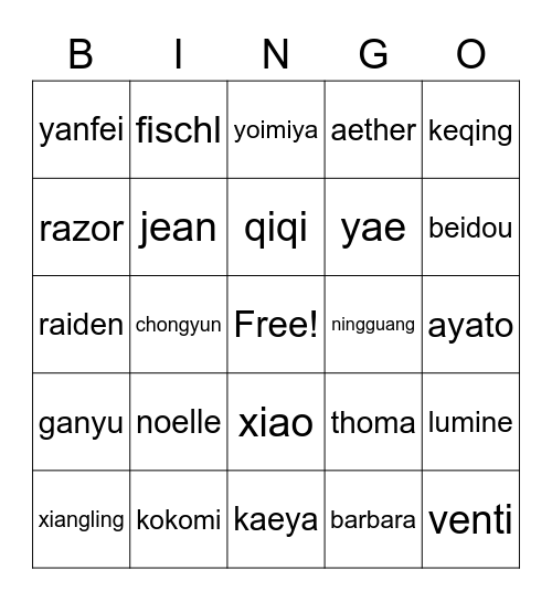 genshin no anime friends Bingo Card