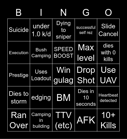 Warzone Bingo Card