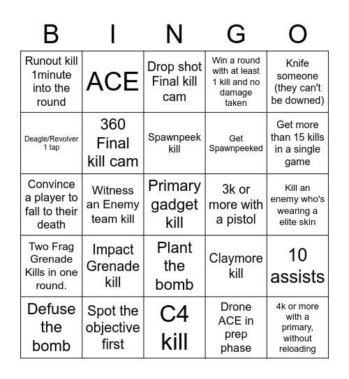 Rainbow Six Bingo Card